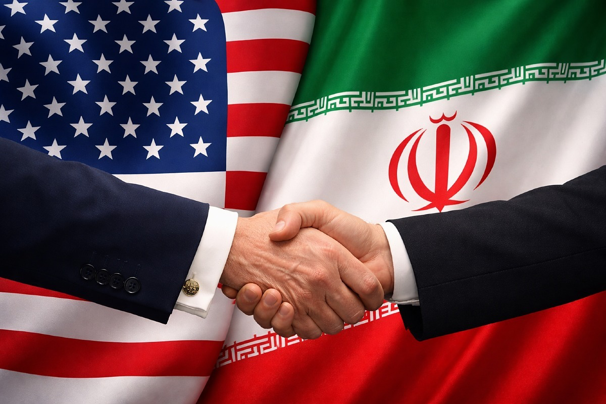 Imagem ilustrativa de um aperto de mãos diante das bandeiras dos Estados Unidos e do Irã